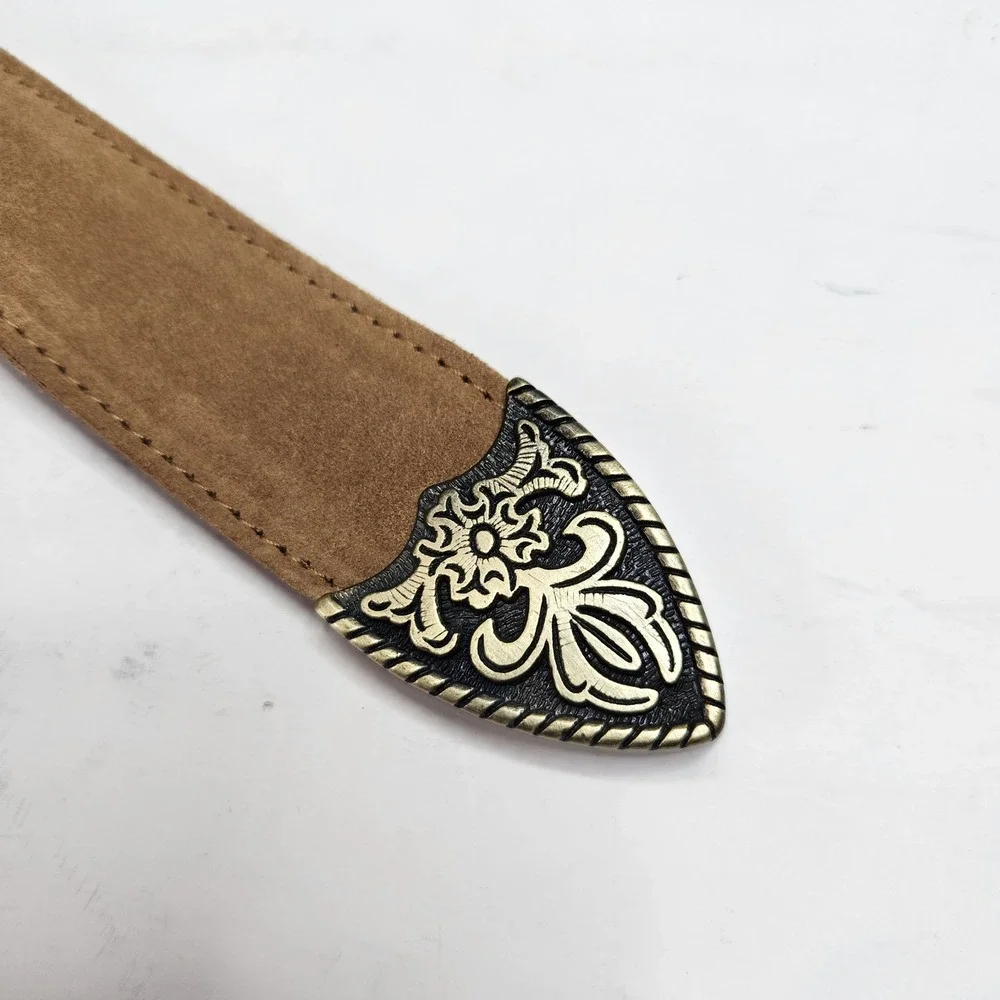 Free People Tan Suede Western Belt Floral Engraved Buckle Tip Brown L/XL